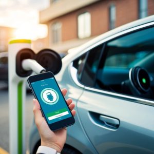 An EV driver using a charging App on thier smartphone next to their electric car.