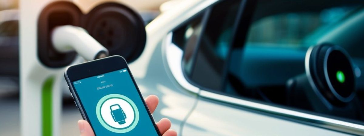 An EV driver using a charging App on thier smartphone next to their electric car.